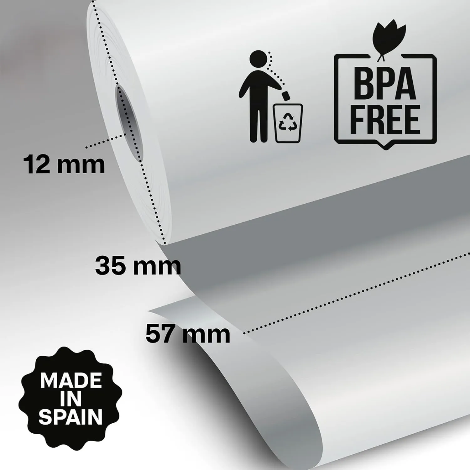 Rollos Papel Térmico 57x35x12 para todos los Datafonos pack de 10/20/30/60, TPV, Pesos, Impresoras Térmicas. Sin Bisphenol-A, Impresión de Calidad y Duradera con Banda de Advertencia. Ideal para máquinas de tarjetas de Crédito - Imagen 2